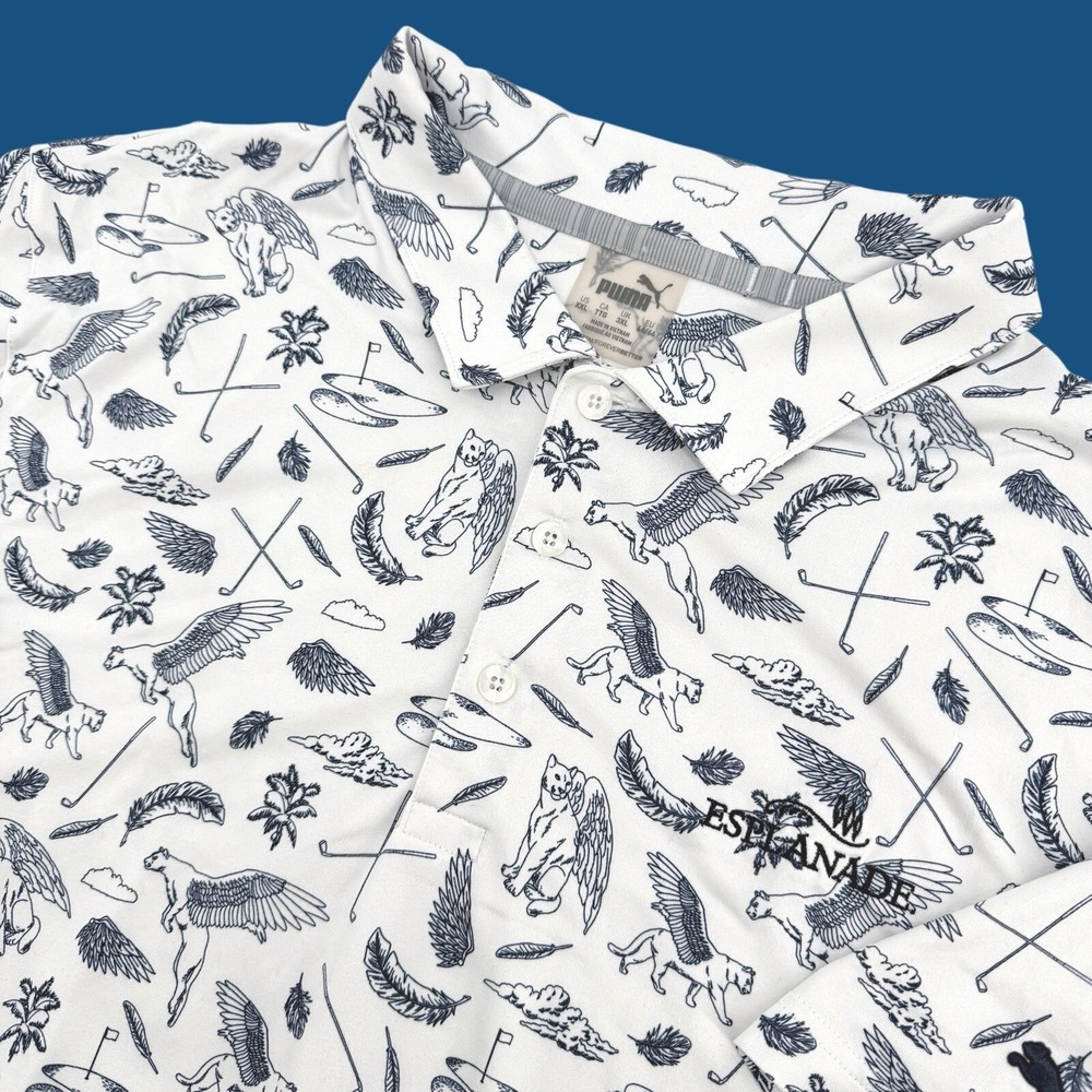 Puma Polo Shirt Mens XXL White Cherub Cats Performance Stretch Esplanade Golf